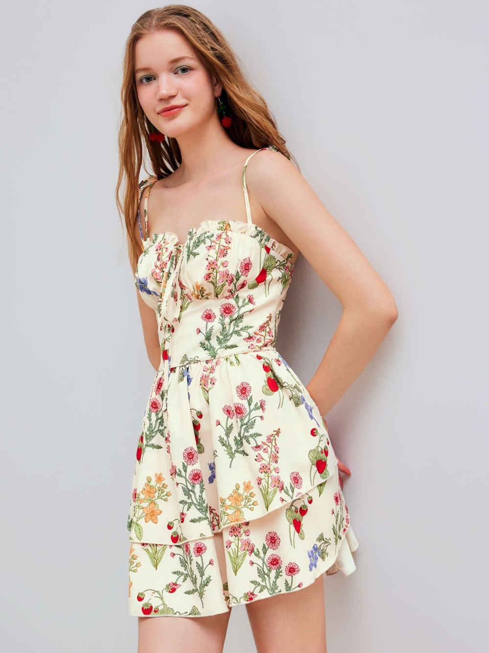 Cider Cream Floral & Strawberry Tiered Mini Dress Size Small (Sold out online!) - Picture 3 of 14
